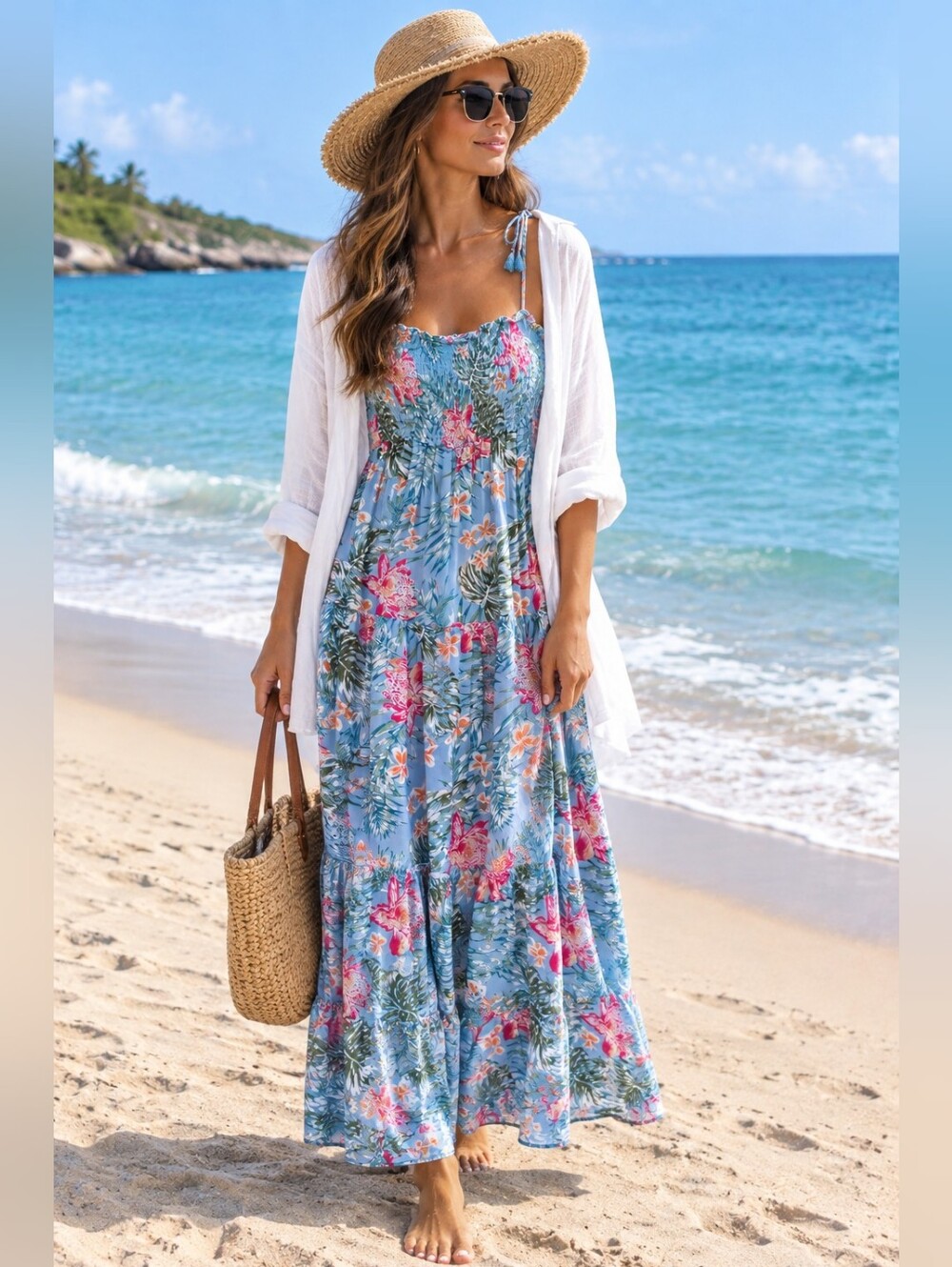 Blue island Light Blue Tropical Floral Maxi Dress